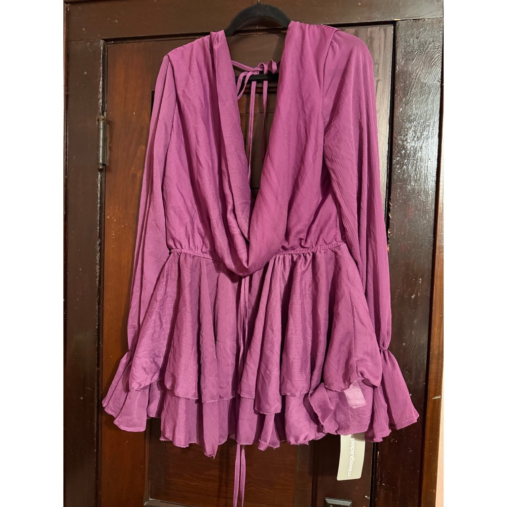 Missguided Purple Deep V Neck Tiered Ruffle Mini Dress Long Sleeve XL NWT